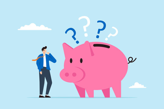Confused businessman with piggybank and question marks