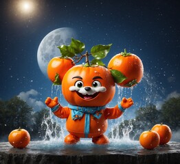 Funny pumpkin character with fruits and a full moon background. Halloween concept