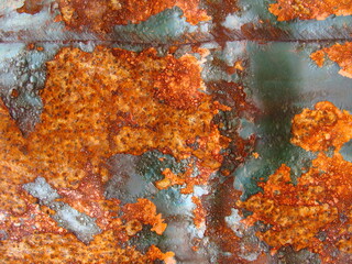 Rost auf Metall Nahaufnahme
Farben orange und türkis blau metallisch 
Hintergrund Grunge    Blech verwittert marode alt