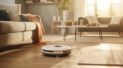 White robot vacuum cleaner cleaning the floor in modern living room interior - obrazy, fototapety, plakaty