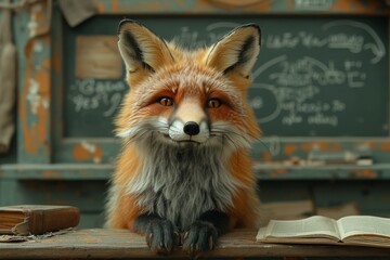 A red fox, with swift movements and wild instincts, calmly perches on an outdoor desk, showcasing the innate beauty of this mammal in its natural element - obrazy, fototapety, plakaty