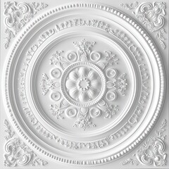 Ceiling 3D wallpaper adorned with a Victorian-style white decorative frame background. - obrazy, fototapety, plakaty