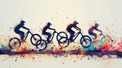 Vibrant urban cycling race with dynamic silhouettes, sharp focus, and vibrant colors. Motion blur and trails depict speed and energy. Active lifestyle, fitness, and excitement in a cityscape