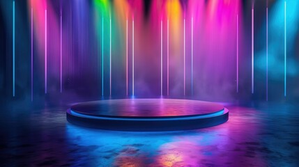 Vibrant stage with rainbow lights, dark floor, and mesmerizing arrangement. Captivating display of vibrant hues in a hyper-realistic, sharp-focus aesthetic