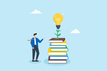 Smart young man with lightbulb plant growing on book stack