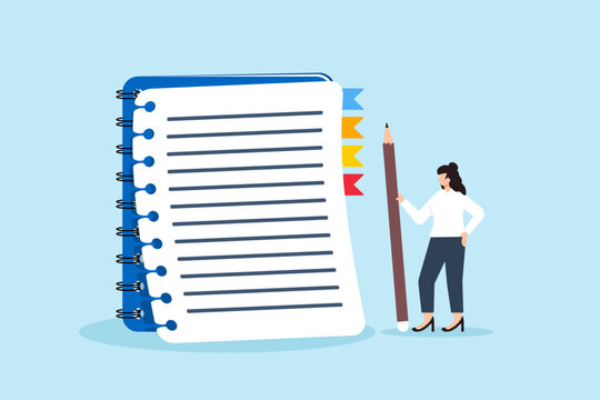 Young woman holding pencil with notebook for taking notes