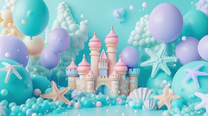 Under the Sea Castle Balloon Background, Featuring Starfish, Seashells, and Light Teal with Light Purple Accents