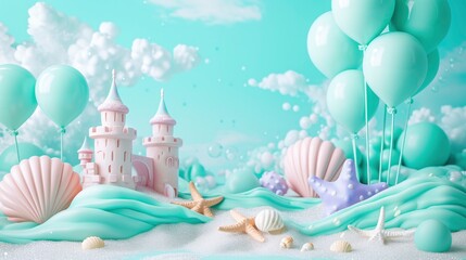 Under the Sea Castle Balloon Background, Featuring Starfish, Seashells, and Light Teal with Light Purple Accents