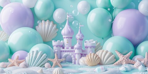 Under the Sea Castle Balloon Background, Featuring Starfish, Seashells, and Light Teal with Light Purple Accents
