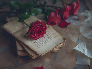 Vintage Love Letters, Postcards with Roses, old book with rose