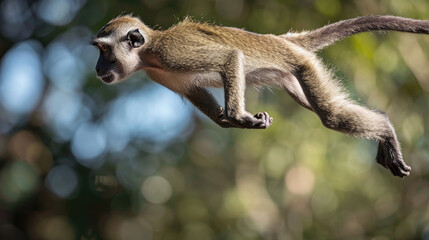 An acrobatic monkey in an aerial leap