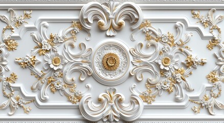 Ceiling 3D wallpaper adorned with a Victorian-style white and gold decorative frame background.
