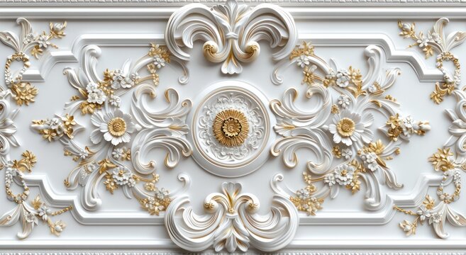 Fototapeta Ceiling 3D wallpaper adorned with a Victorian-style white and gold decorative frame background. 