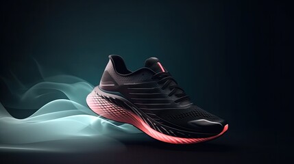 A sleek black running shoe with pink neon accents