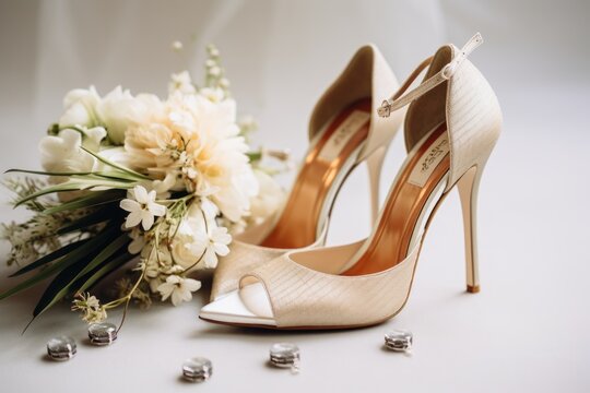 Various wedding shoes and accesories on a white table