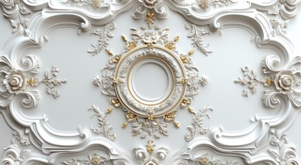 White golden decorative Victorian-style frame background for ceiling 3D wallpaper.
