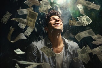 A young man with money raining in the backdrop - obrazy, fototapety, plakaty