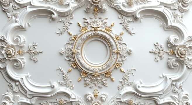Fototapeta White golden decorative Victorian-style frame background for ceiling 3D wallpaper. 