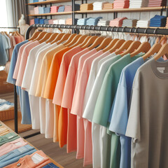 Color pastel t-shirt hang on hangers in clothing store
