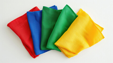 Bright red, yellow, green, blue napkins on white