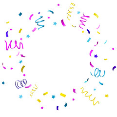 Circle of multicolored confetti on transparent background, ideal for festive designs, celebration themes, dynamic backdrops in various creative projects. Colorful particles, close up view. Cut out. 3D