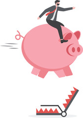 Business risk, Businessman taking risks for goal or success. Businessman riding piggy bank jumping over traps

