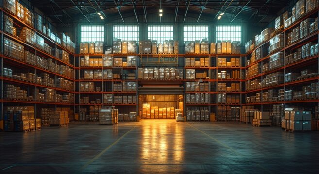 Amidst the towering shelves and stacked boxes, a solitary figure stands in the vast warehouse, lost in the endless possibilities of the indoor library room
