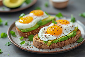 Photo of poached eggs on toast with avocado