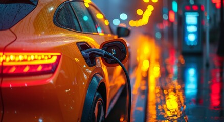 A vibrant yellow city car charges under the glowing lights of a charging station, its sleek design and glowing red accents making it stand out in the dark urban landscape