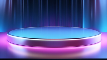 Sleek chrome podium with holographic blue and pink colors with blue drapes in background, Premium showcase mockup template for Beauty, Cosmetic, Luxury products, with copy space for text