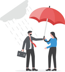 Altruism selfless principle for leadership to protect team and success together, gentleman or team support and caring, respect or empathy concept, kindness businessman offer umbrella to protect woman.