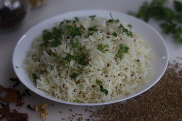 Jeera Bhaat or Jeera Rice. Delicious and aromatic Indian rice dish with basmati rice flavored by cumin seeds and other spices