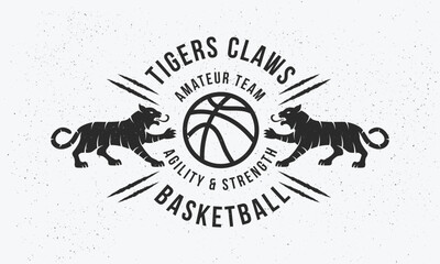 Basketball Tiger logo, poster. Basketball team trendy logo with tigers sihlouettes, scratch claws and basketball ball icon. Vector emblem template.