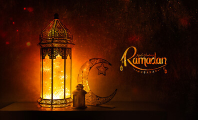 Ramadan Mubarak 2024 new background, Moroccan lantern lamp with crescent moon shape on table, glowing lantern lamp with calligraphy greeting text