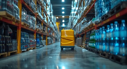 In a dimly lit warehouse, a lone yellow luggage stands out against the dull shelves, accompanied by a discarded bottle of soft drink, a forgotten remnant of a previous occupant