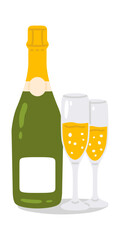 Vector illustration cute doodle champagne bottle and glasses for digital stamp,greeting card,sticker,icon, design
