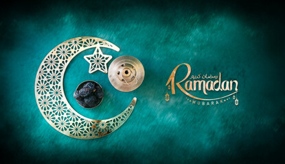 Ramadan Mubarak background 2024 poster design, Ramadan Kareem and Eid Mubarak banner type greeting image, Flatly image of golden crescent moon with dates and lantern lamp isolated on green texture