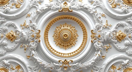 3d wallpaper for ceiling with white golden decoration model. Victorian style and decorative frame background - obrazy, fototapety, plakaty