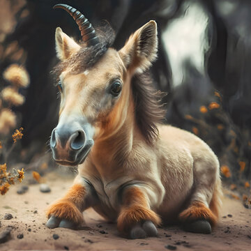 cute Unicorn baby against forest  background. Digital artwork. Ai generated