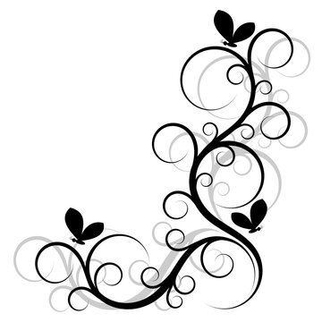 Corner black and gray monogram with swirls and butterflies. Floral design element. Corner vortex.