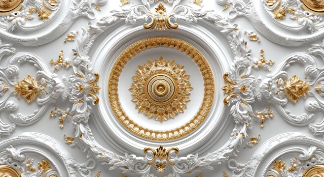 Fototapeta 3d wallpaper for ceiling with white golden decoration model. Victorian style and decorative frame background