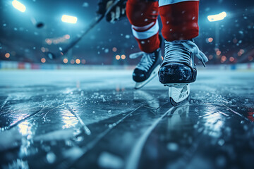 Skating rink arena inside, flying ice, hockey skates close up
