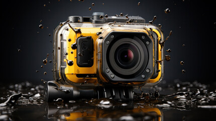 Naklejka premium High definition sport camera yellow camera filming video in dirt