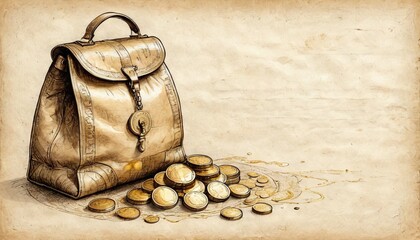 Bag with coins on parchment