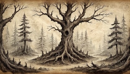 illustration of the dried tree and the roads diverging on a parchment