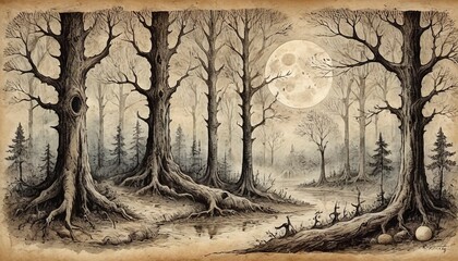 Eerie Moonlight in a Black and White Forest Drawing on parchment