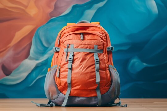 Close up tourist backpack. Wellbeing lifestyle, travel and tourism concept