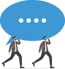 Fototapeta premium Team discussion, community or social feedback, communication or announcement dialog, team meeting concept, businessman and businesswoman team members help carrying big speech bubble with copy space. 