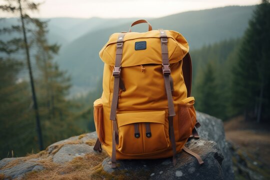 Close up tourist backpack on the rocks against the backdrop of mountains and forest. Wellbeing lifestyle, travel and tourism concept