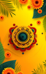 Fototapeta premium Vibrant Onam Festival Background with Sunflowers and Traditional Pookalam Design, a Vivid Yellow Celebration Theme, Ideal for Invitations and Cultural Event Promotion